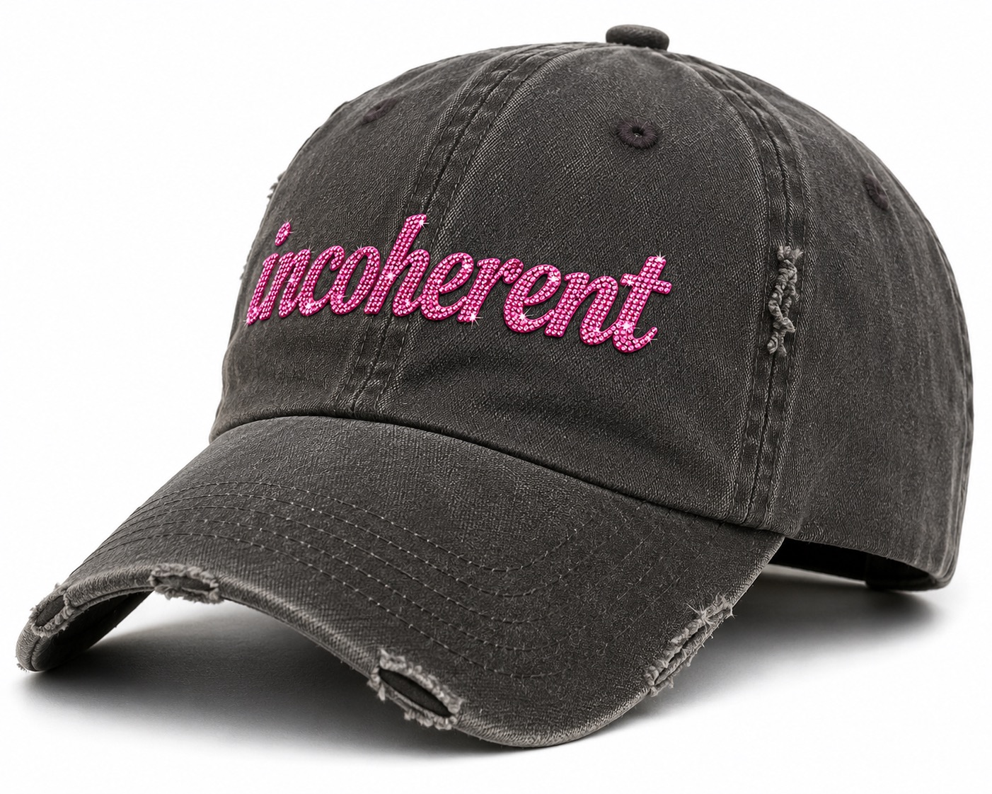 Dark cap with pink incoherent lettering