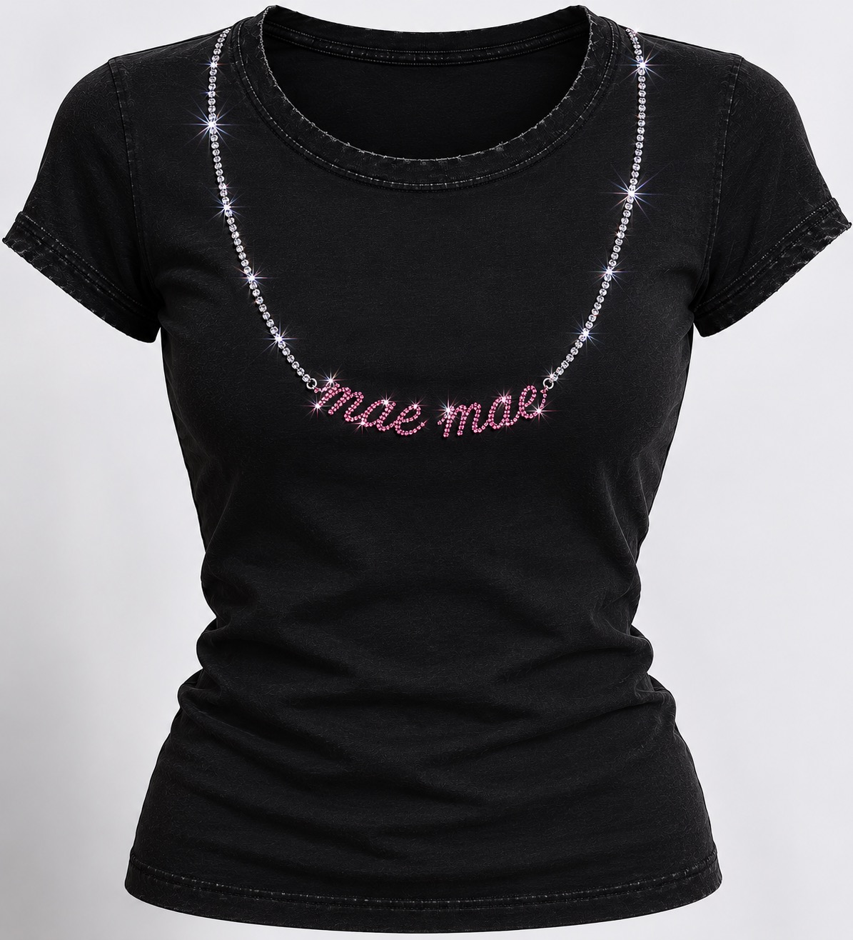 Black shirt with pink Mae Mae necklace lettering